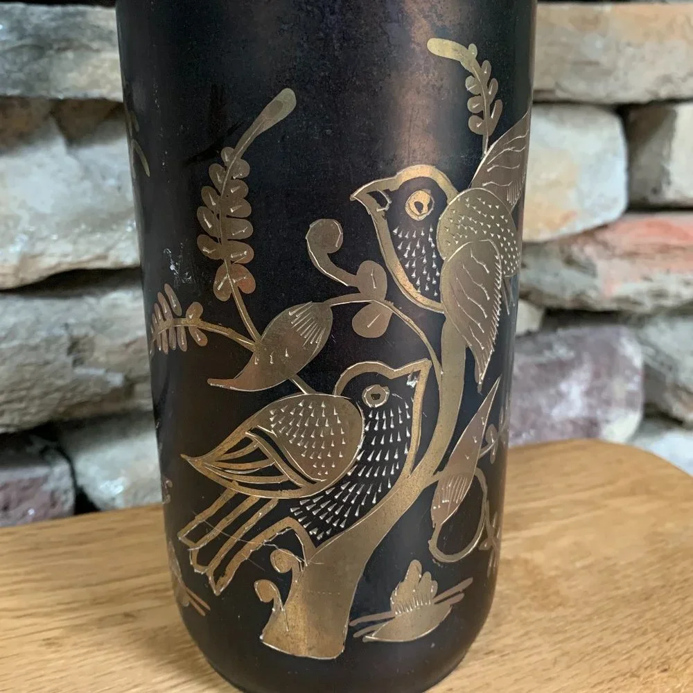 VTG Brass Bottle Cover Wine Birds Etched Bohemian Bar Wine 3 Pieces Boho